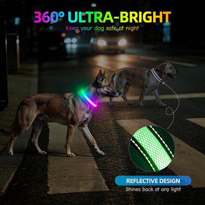 LED Dog Collar, Light Up Dog Collar USB Rechargeable, Green, L