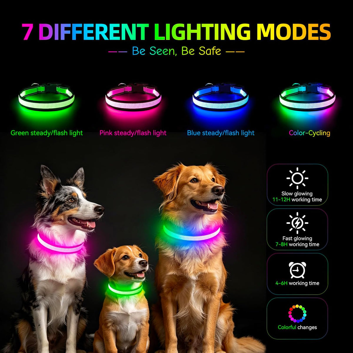 LED Dog Collar, Light Up Dog Collar USB Rechargeable, Green, L