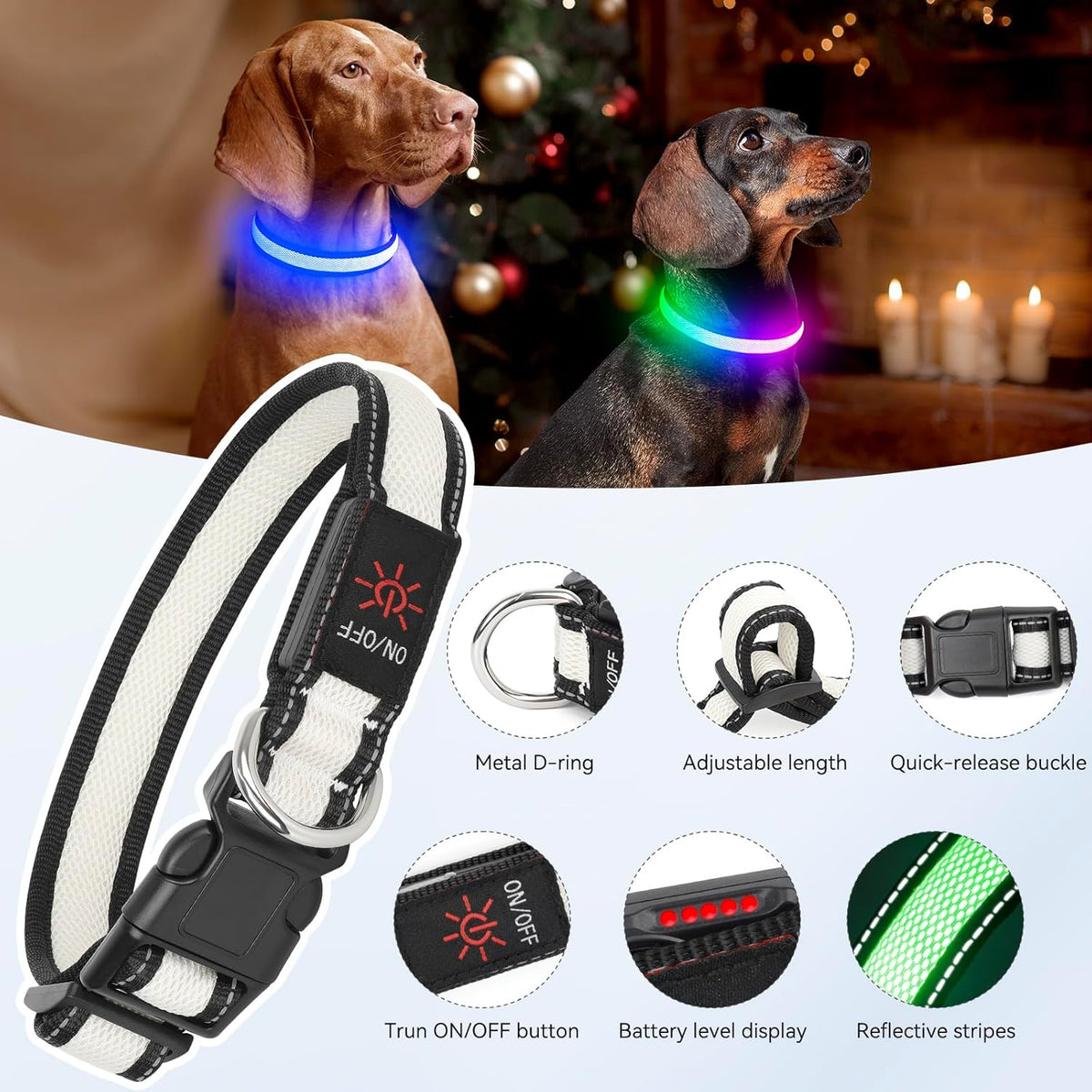 LED Dog Collar, Light Up Dog Collar USB Rechargeable, Green, L
