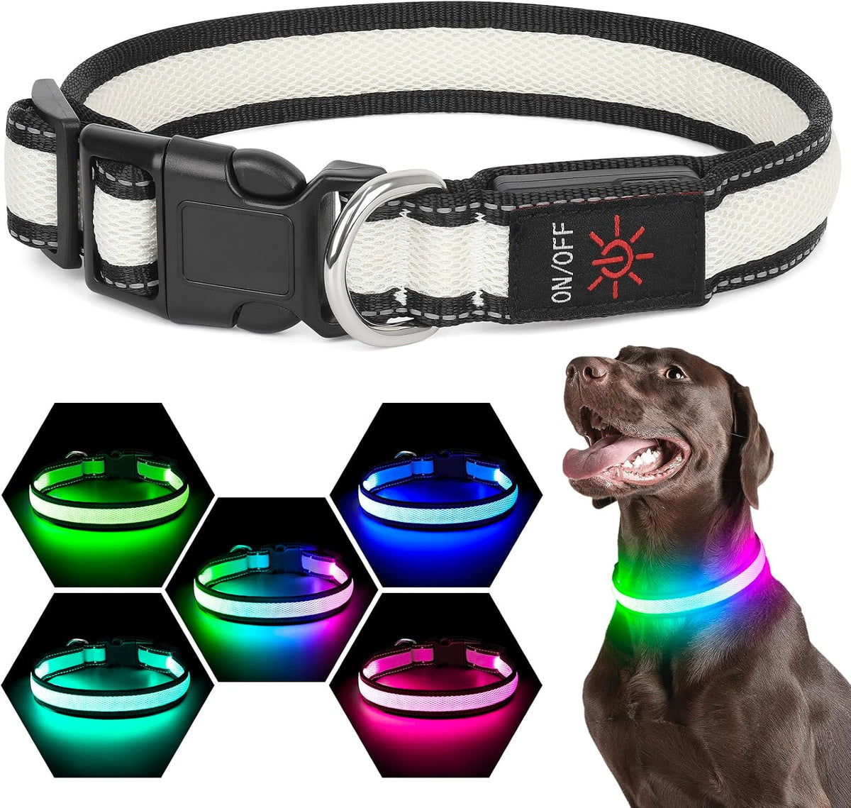 LED Dog Collar, Light Up Dog Collar USB Rechargeable, Green, L