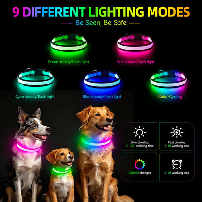 LED Dog Collar, Light Up Dog Collar USB Rechargeable, Green, L