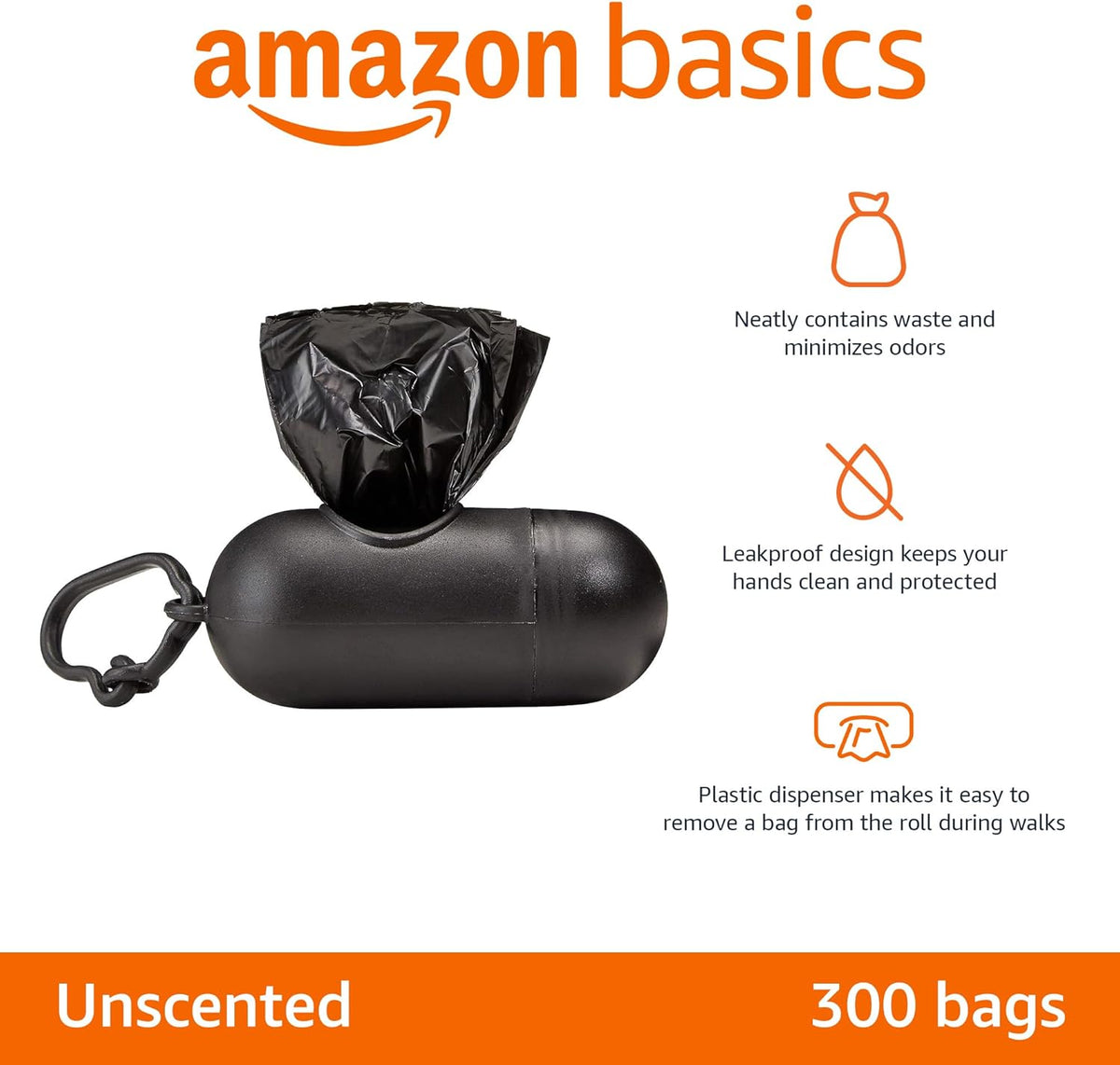 Dog Poop Leak Proof Bags with Dispenser and Leash Clip, Unscented, 13" x 9" Large Size, 300 Count
