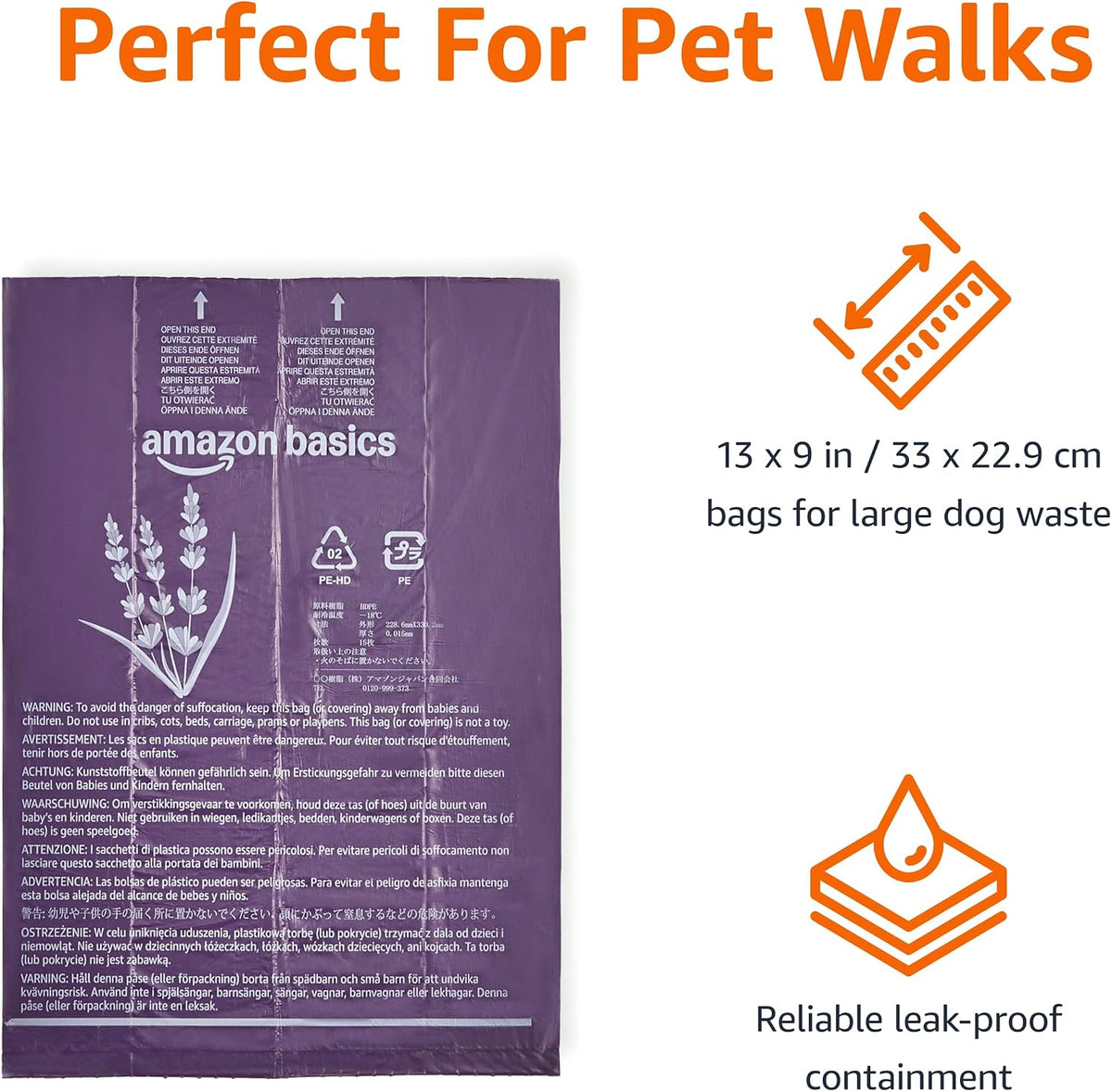 Dog Poop Leak Proof Bags with Dispenser and Leash Clip, Unscented, 13" x 9" Large Size, 300 Count