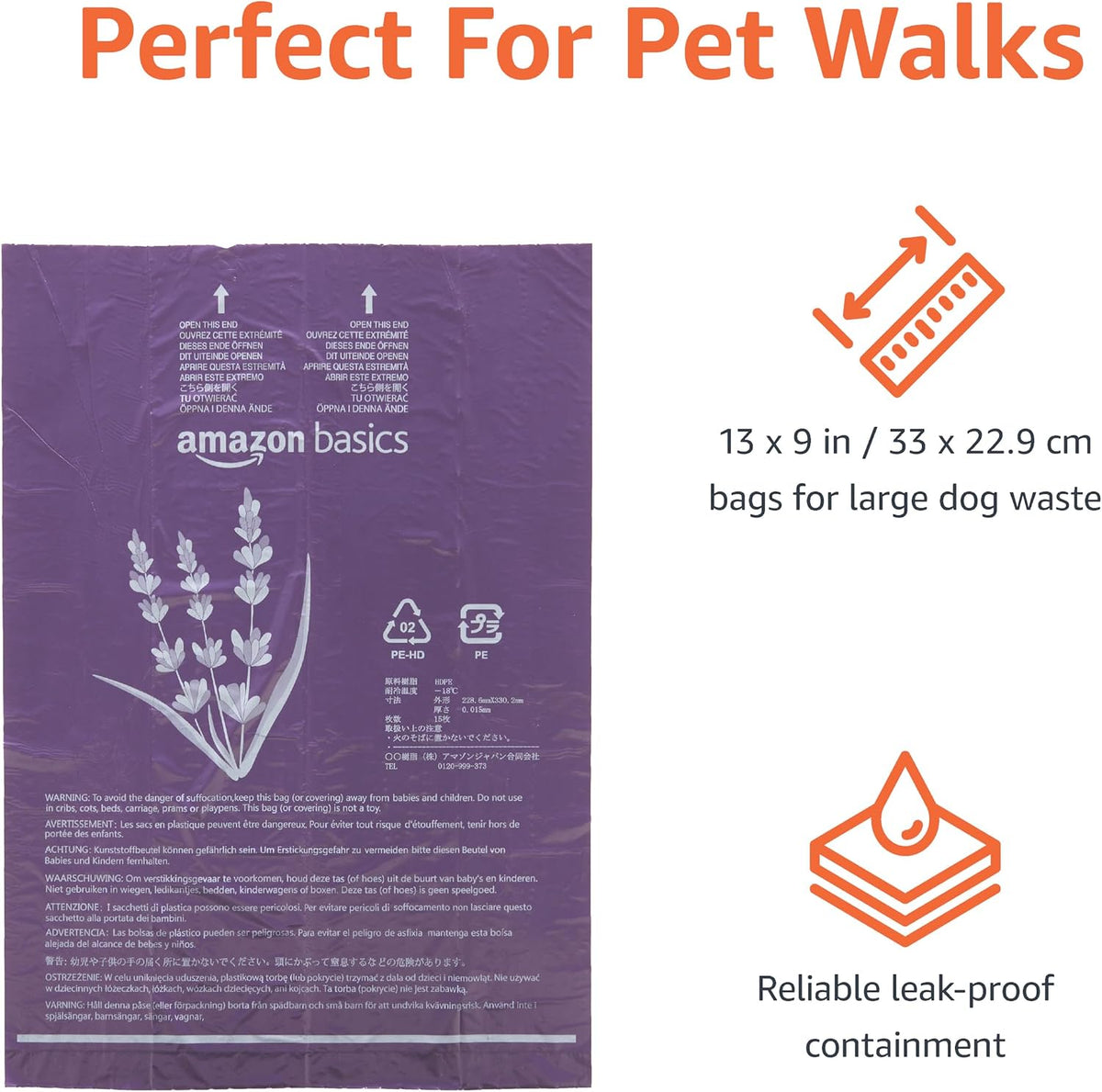 Dog Poop Leak Proof Bags with Dispenser and Leash Clip, Unscented, 13" x 9" Large Size, 300 Count