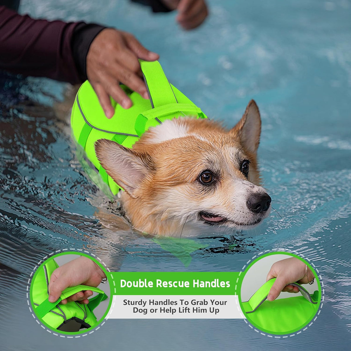 Dog Life Jacket with Double Rescue Handle, Reflective Dog Life Vest for Swimming Boating, Adjustable Pet Swim Vest Dog Flotation Device DFD for Small Medium Large Dogs - Green M