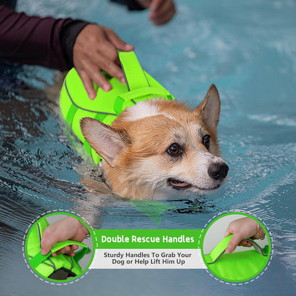 Dog Life Jacket with Double Rescue Handle, Reflective Dog Life Vest for Swimming Boating, Adjustable Pet Swim Vest Dog Flotation Device DFD for Small Medium Large Dogs - Green M