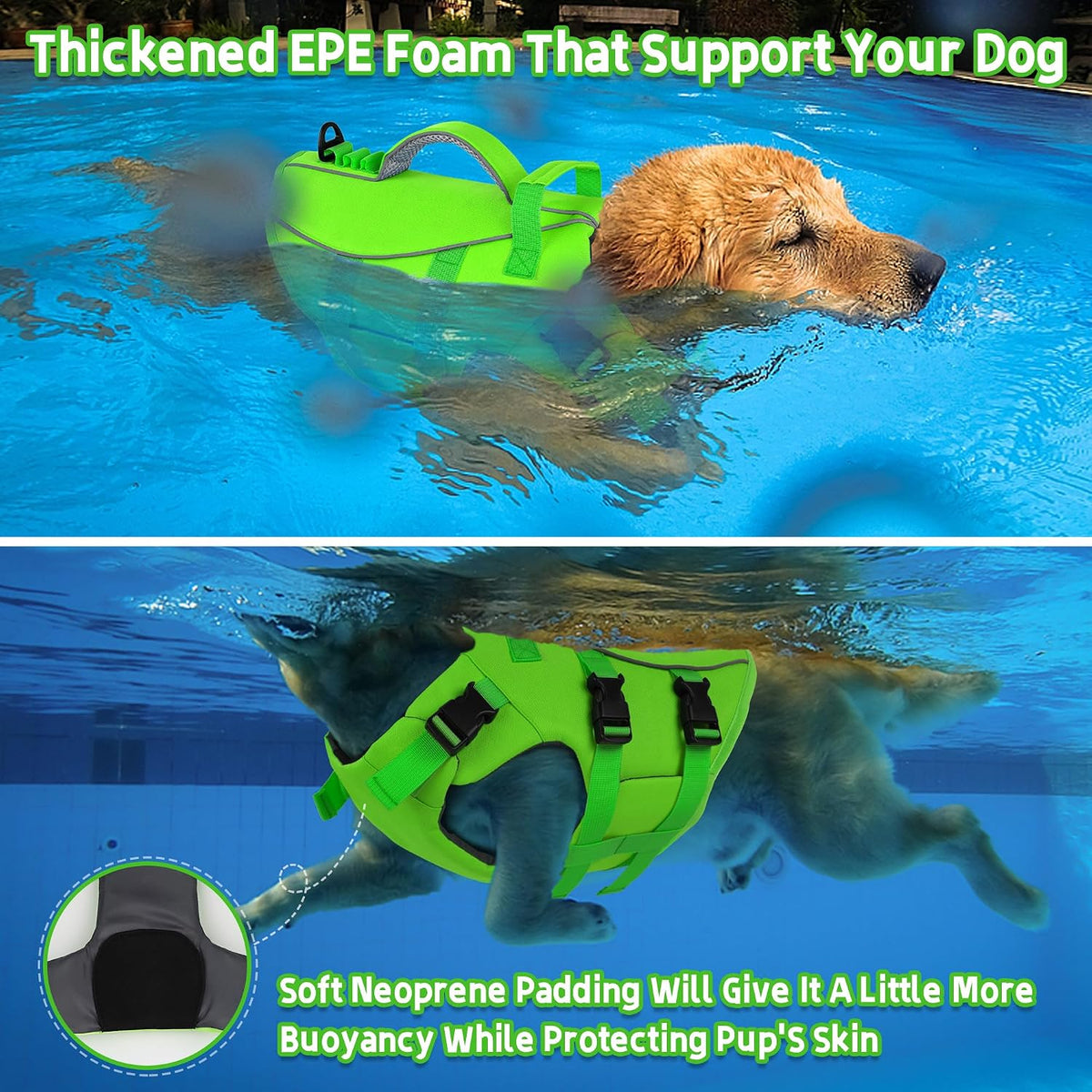 Dog Life Jacket with Double Rescue Handle, Reflective Dog Life Vest for Swimming Boating, Adjustable Pet Swim Vest Dog Flotation Device DFD for Small Medium Large Dogs - Green M