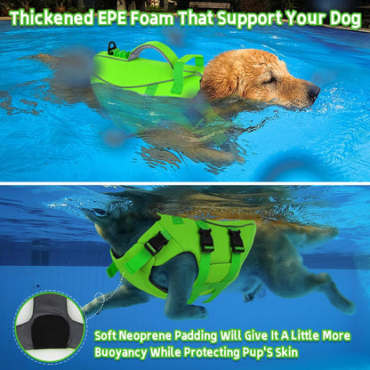 Dog Life Jacket with Double Rescue Handle, Reflective Dog Life Vest for Swimming Boating, Adjustable Pet Swim Vest Dog Flotation Device DFD for Small Medium Large Dogs - Green M