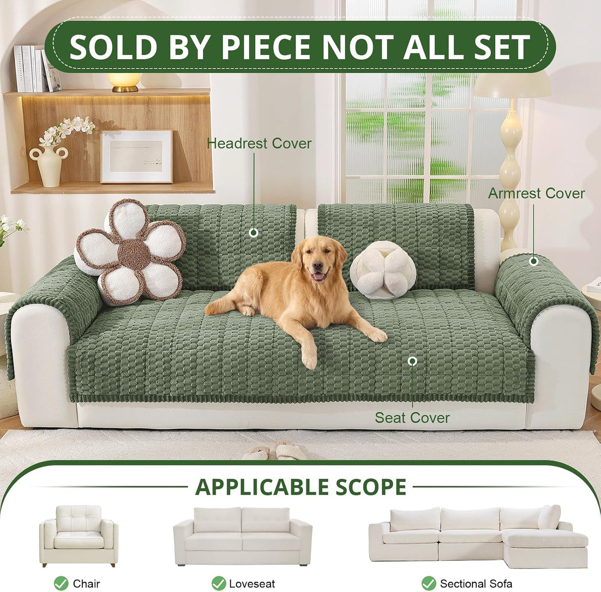 Couch Cover for Dogs, Washable Non Slip Sofa Cover for Pets | Soft Couch Covers for Sofa, Loveseat and Sectional, Furniture Protector Against Pet Hair & Dirt (27.6" x 59", Moss Green)