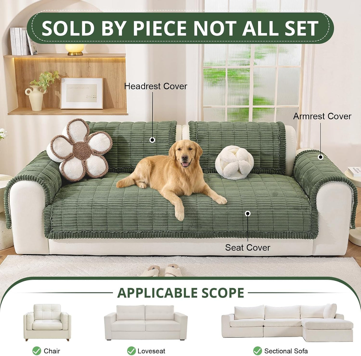 Couch Cover for Dogs, Washable Non Slip Sofa Cover for Pets | Soft Couch Covers for Sofa, Loveseat and Sectional, Furniture Protector Against Pet Hair & Dirt (27.6" x 59", Moss Green)