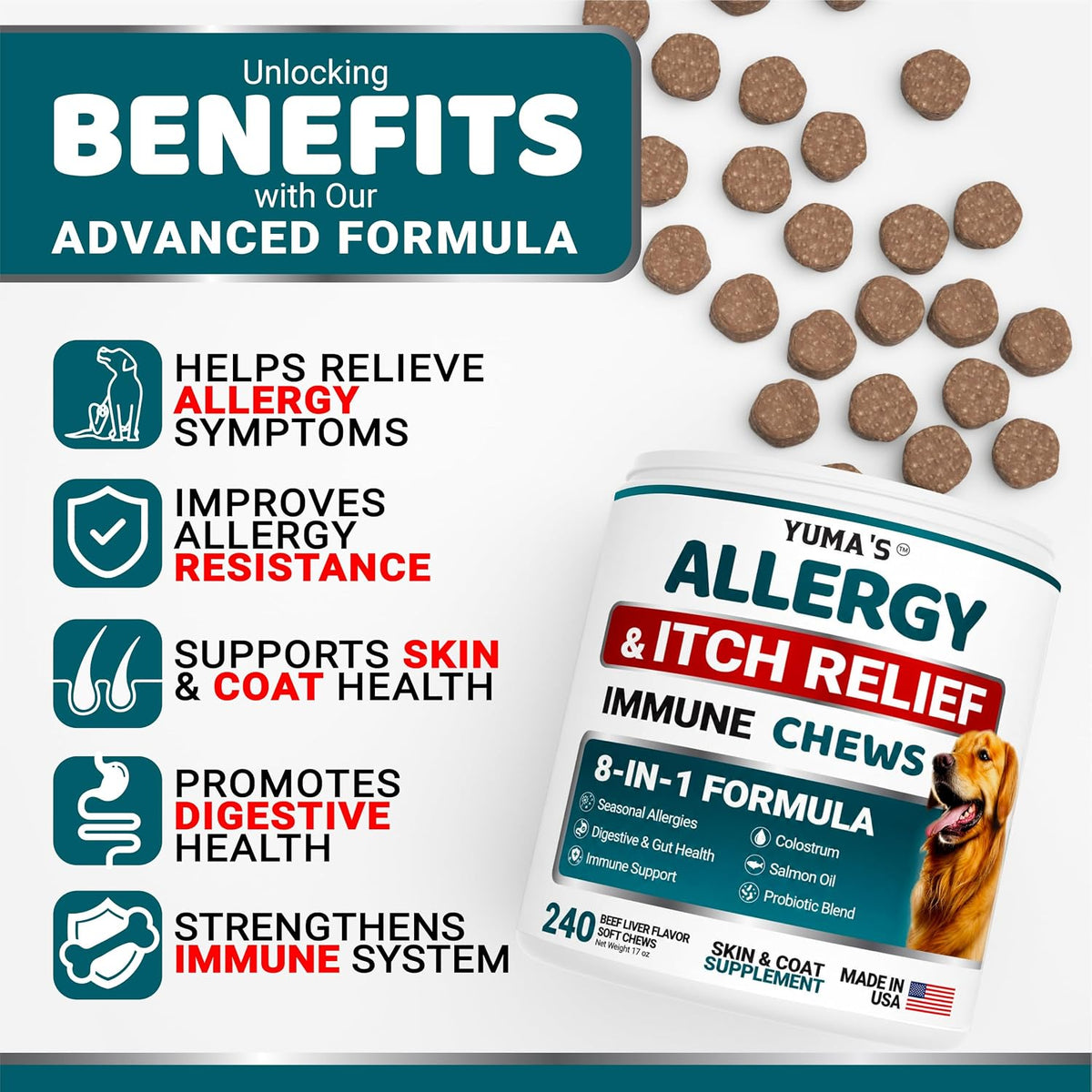 Dog Allergy Relief Chews - 240 Immune Treats, Dog Itching Skin Relief Pills