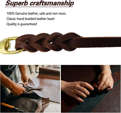 Leather Dog Leash for Small Dogs 6ft,Thin Leather Braied Dog Leash, Soft Genuine Leather Dog Training Leash for Small & Medium Dogs （3/8" X 6', Brown）