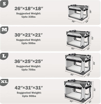 Collapsible Soft Dog Crate 36 Inch, Portable Travel Pet Crate for Large Dogs with 4-Door Mesh, Large Dog Kennel Indoor & Outdoor, Light Grey
