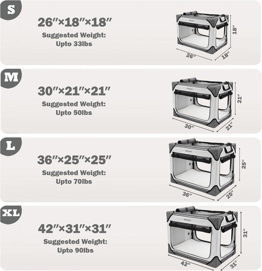 Collapsible Soft Dog Crate 36 Inch, Portable Travel Pet Crate for Large Dogs with 4-Door Mesh, Large Dog Kennel Indoor & Outdoor, Light Grey