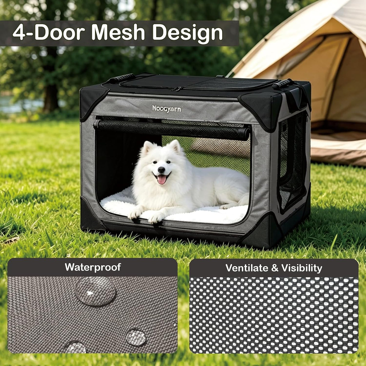 Collapsible Soft Dog Crate 36 Inch, Portable Travel Pet Crate for Large Dogs with 4-Door Mesh, Large Dog Kennel Indoor & Outdoor, Light Grey