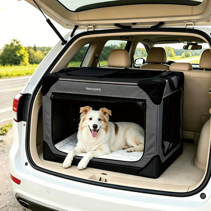 Collapsible Soft Dog Crate 36 Inch, Portable Travel Pet Crate for Large Dogs with 4-Door Mesh, Large Dog Kennel Indoor & Outdoor, Light Grey