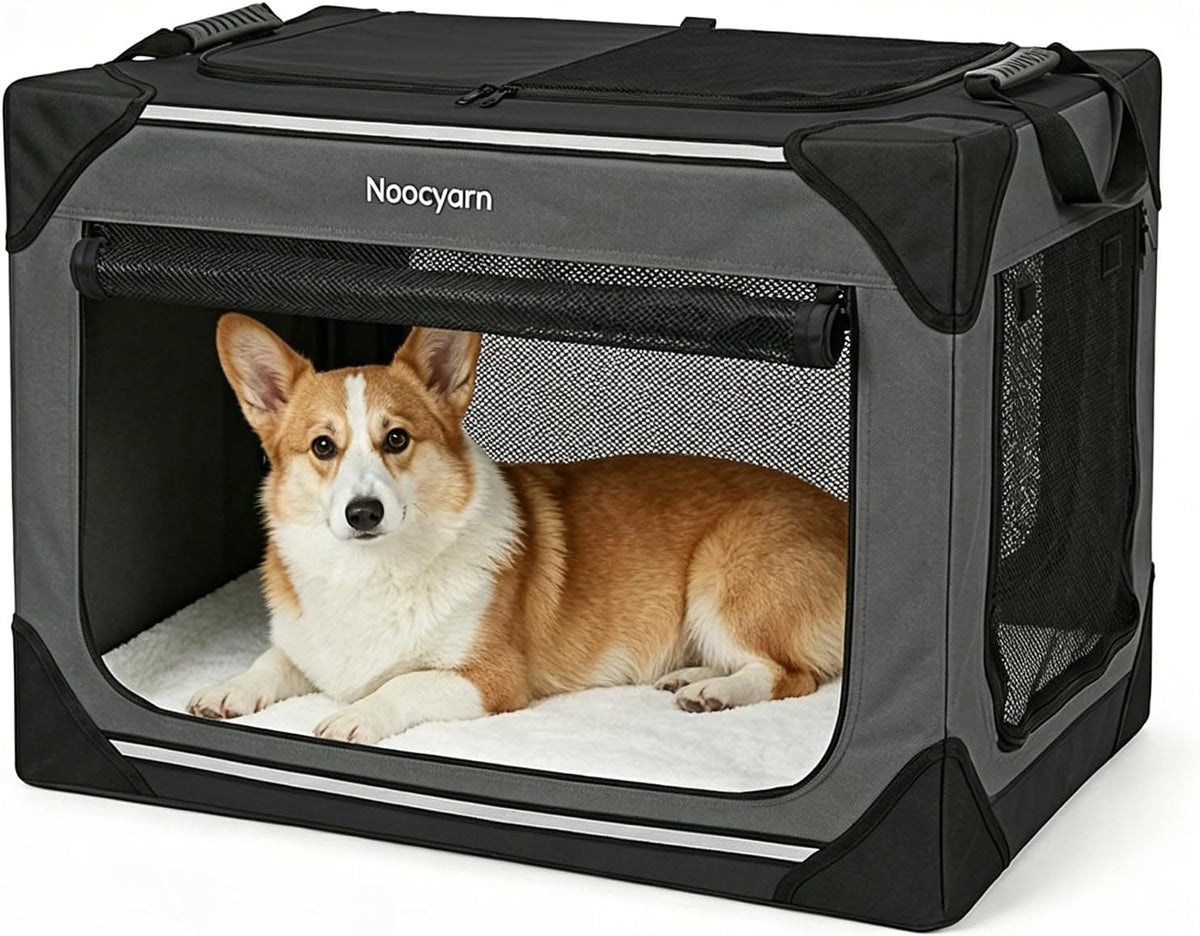 Collapsible Soft Dog Crate 36 Inch, Portable Travel Pet Crate for Large Dogs with 4-Door Mesh, Large Dog Kennel Indoor & Outdoor, Light Grey