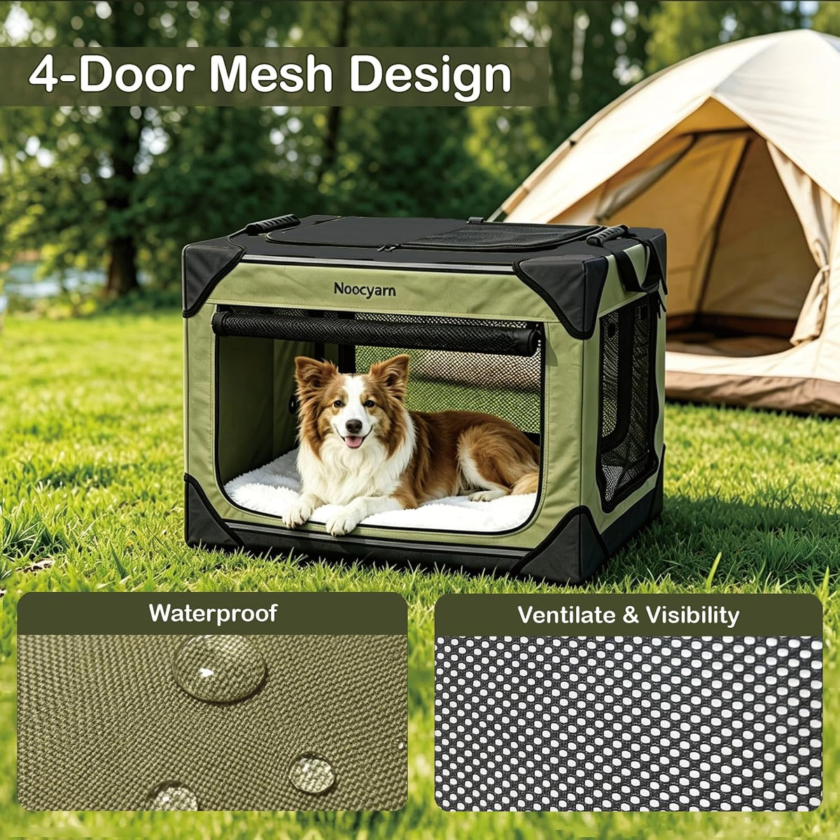 Collapsible Soft Dog Crate 36 Inch, Portable Travel Pet Crate for Large Dogs with 4-Door Mesh, Large Dog Kennel Indoor & Outdoor, Light Grey