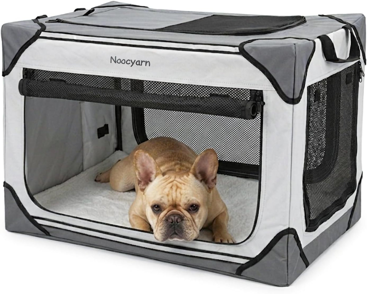 Collapsible Soft Dog Crate 36 Inch, Portable Travel Pet Crate for Large Dogs with 4-Door Mesh, Large Dog Kennel Indoor & Outdoor, Light Grey