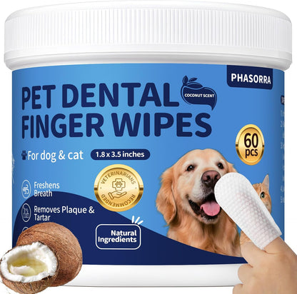 Pet Tooth Brushing Kit, 60Ct Teeth Cleaning Wipes for Dogs & Cats