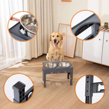 Elevated Dog Bowls with 2 Stainless Steel Bowls, 5-Height Adjustable Stand (3.1", 9" to 12"), for Improved Digestion & Neck Support, Easy Clean, Non-Slip Base Raised Feeder for Medium Large Dogs