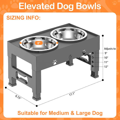 Elevated Dog Bowls with 2 Stainless Steel Bowls, 5-Height Adjustable Stand (3.1", 9" to 12"), for Improved Digestion & Neck Support, Easy Clean, Non-Slip Base Raised Feeder for Medium Large Dogs