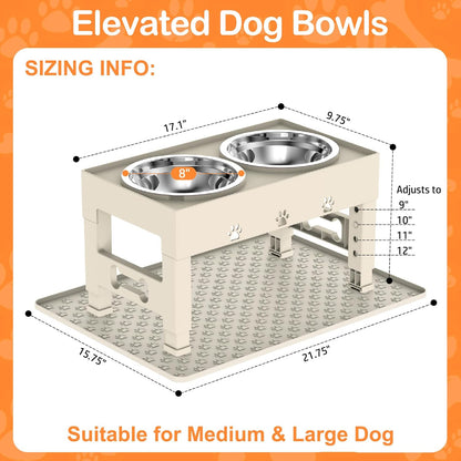 Elevated Dog Bowls with 2 Stainless Steel Bowls, 5-Height Adjustable Stand (3.1", 9" to 12"), for Improved Digestion & Neck Support, Easy Clean, Non-Slip Base Raised Feeder for Medium Large Dogs