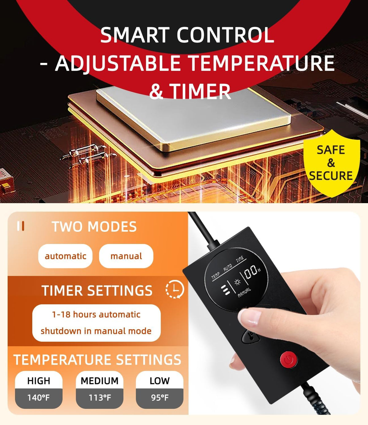 Pressure Activated Pet Heating Pad 18 x 22,Gravity Sensing,Automatic or Manual Mode,Heated Dog Bed with Timer,Adjustable Temperature,Chew Resistant Cord,Waterproof & Washable Heated Pet Bed Mat