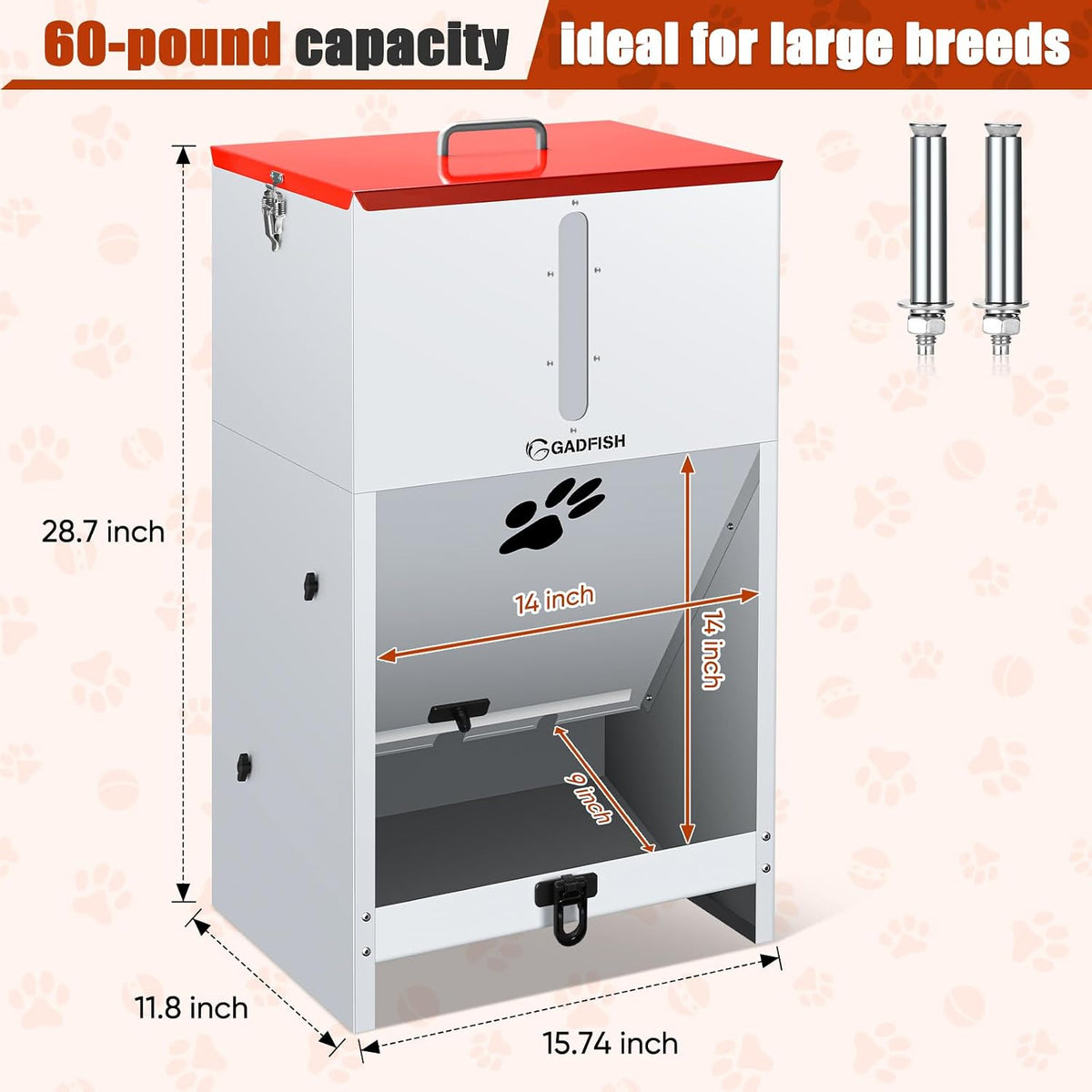 60 lbs Large Automatic Dog Feeder, Outdoor Heavy Duty Pet Feeder for Large Breed Dogs, with Viewing Window and Lockable Door