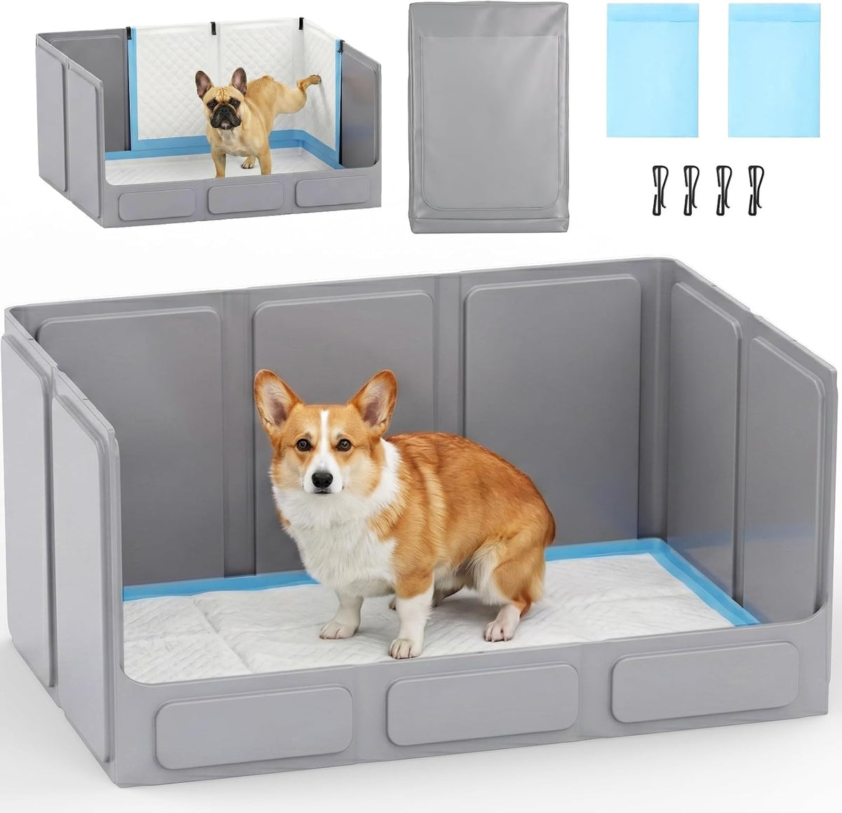 Dog Litter Box with High Walls, Foldable Pee Pad Holder, 33×22×16"