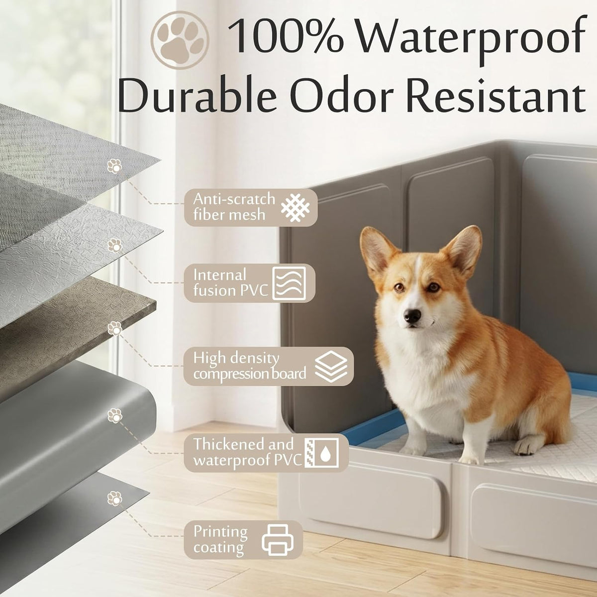 Dog Litter Box with High Walls, Foldable Pee Pad Holder, 33×22×16"
