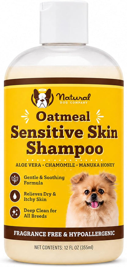 Sensitive Skin Dog Shampoo – Hypoallergenic Oatmeal Anti Itch Shampoo for Dogs, Gentle Puppy & Dog Wash with Aloe Vera, Manuka Honey & Chamomile, Odor Control, 12 oz