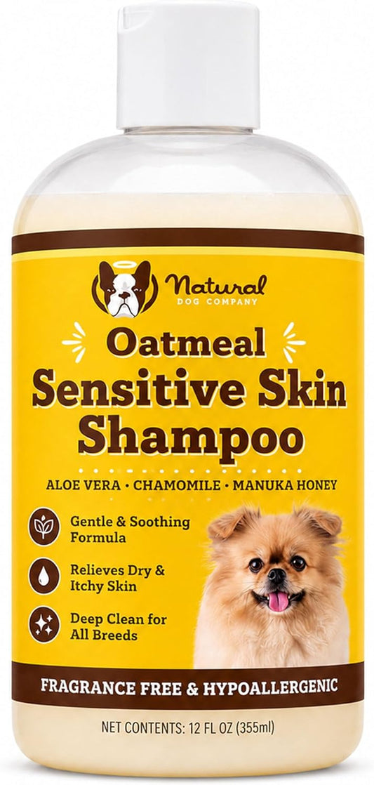 Sensitive Skin Dog Shampoo – Hypoallergenic Oatmeal Anti Itch Shampoo for Dogs, Gentle Puppy & Dog Wash with Aloe Vera, Manuka Honey & Chamomile, Odor Control, 12 oz