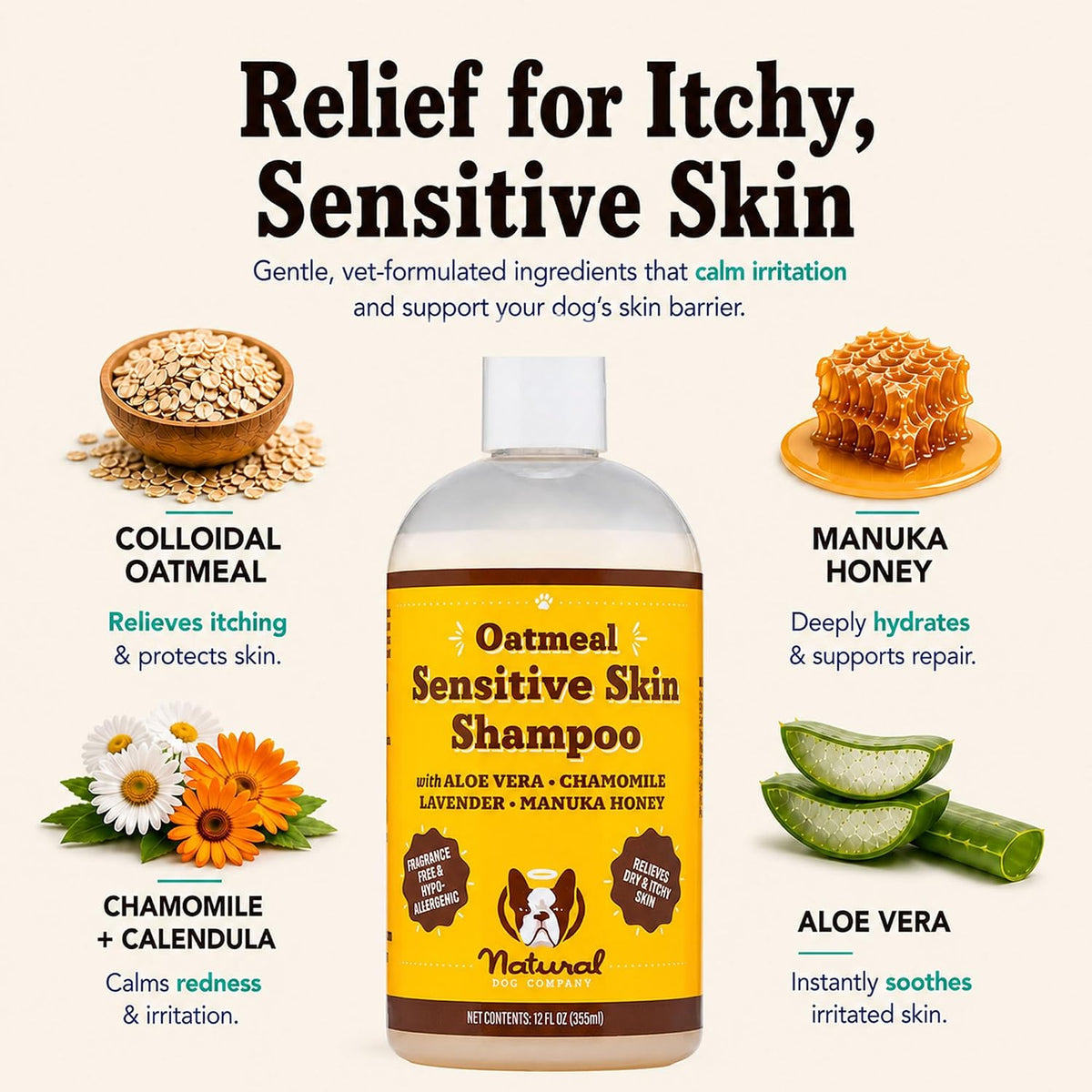 Sensitive Skin Dog Shampoo – Hypoallergenic Oatmeal Anti Itch Shampoo for Dogs, Gentle Puppy & Dog Wash with Aloe Vera, Manuka Honey & Chamomile, Odor Control, 12 oz