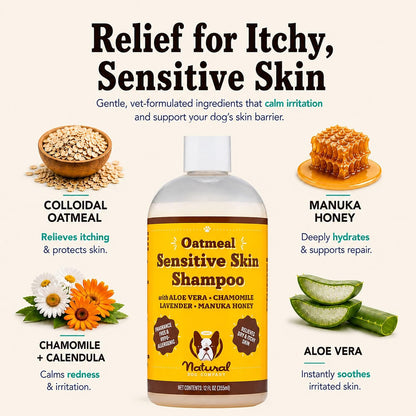 Sensitive Skin Dog Shampoo – Hypoallergenic Oatmeal Anti Itch Shampoo for Dogs, Gentle Puppy & Dog Wash with Aloe Vera, Manuka Honey & Chamomile, Odor Control, 12 oz