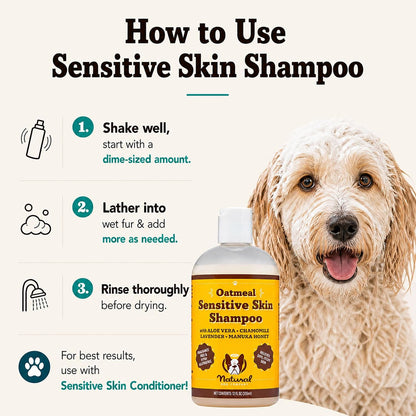 Sensitive Skin Dog Shampoo – Hypoallergenic Oatmeal Anti Itch Shampoo for Dogs, Gentle Puppy & Dog Wash with Aloe Vera, Manuka Honey & Chamomile, Odor Control, 12 oz