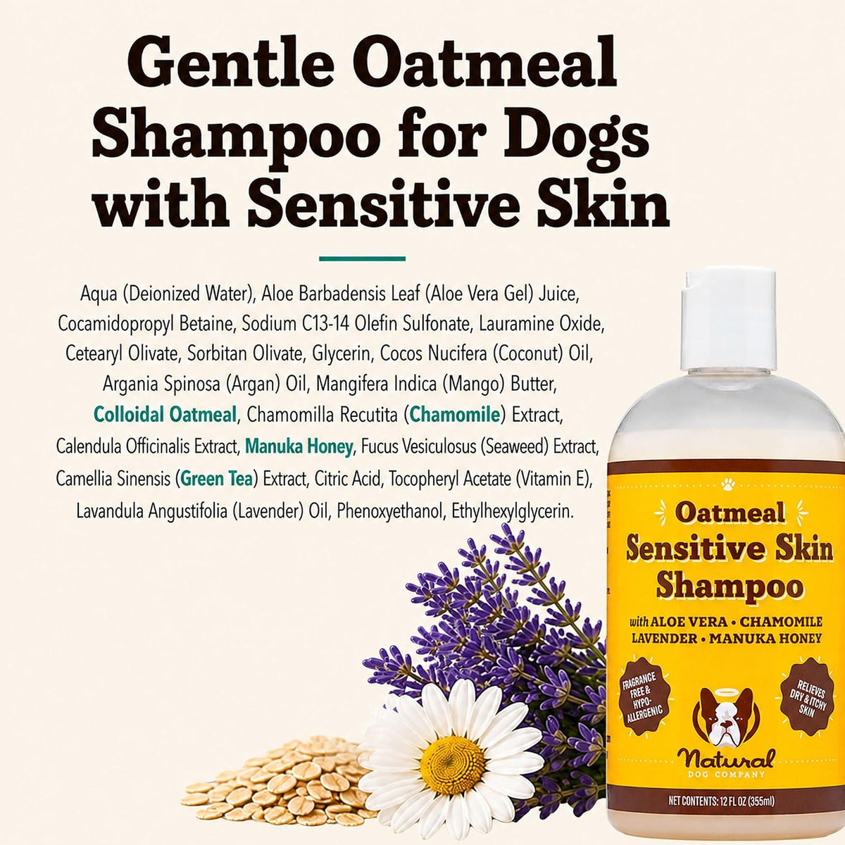 Sensitive Skin Dog Shampoo – Hypoallergenic Oatmeal Anti Itch Shampoo for Dogs, Gentle Puppy & Dog Wash with Aloe Vera, Manuka Honey & Chamomile, Odor Control, 12 oz