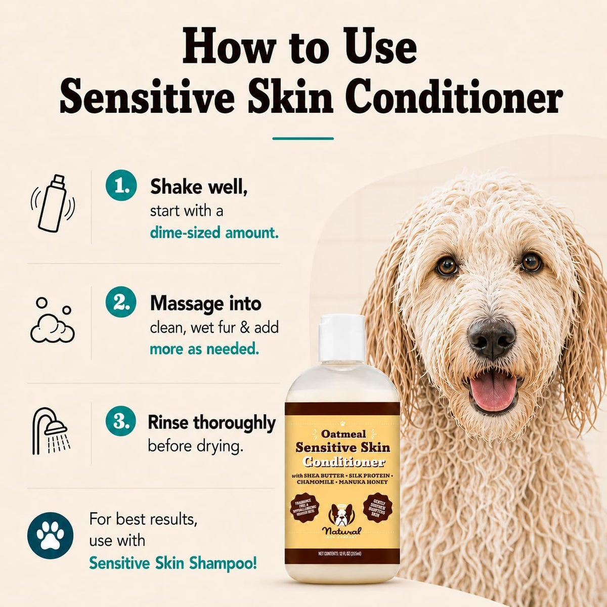 Sensitive Skin Dog Shampoo – Hypoallergenic Oatmeal Anti Itch Shampoo for Dogs, Gentle Puppy & Dog Wash with Aloe Vera, Manuka Honey & Chamomile, Odor Control, 12 oz