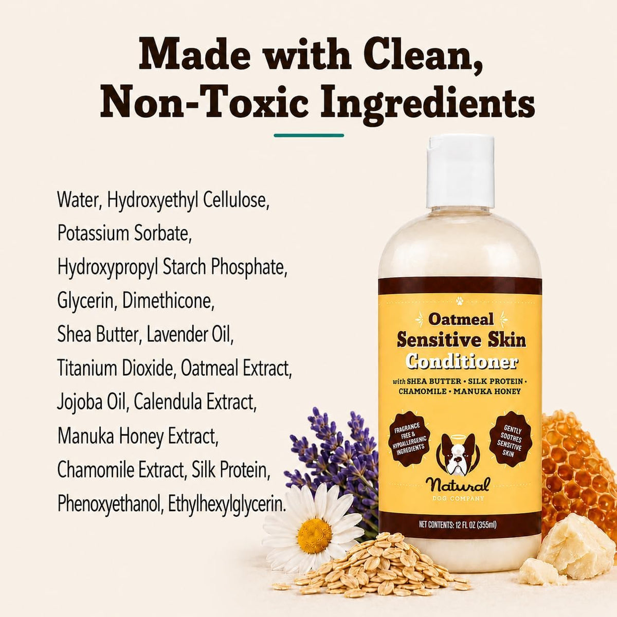 Sensitive Skin Dog Shampoo – Hypoallergenic Oatmeal Anti Itch Shampoo for Dogs, Gentle Puppy & Dog Wash with Aloe Vera, Manuka Honey & Chamomile, Odor Control, 12 oz