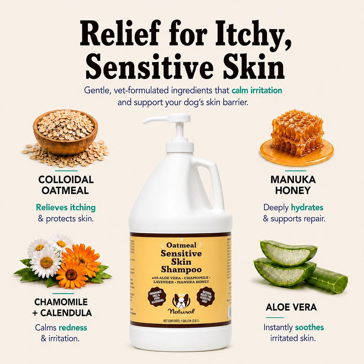 Sensitive Skin Dog Shampoo – Hypoallergenic Oatmeal Anti Itch Shampoo for Dogs, Gentle Puppy & Dog Wash with Aloe Vera, Manuka Honey & Chamomile, Odor Control, 12 oz
