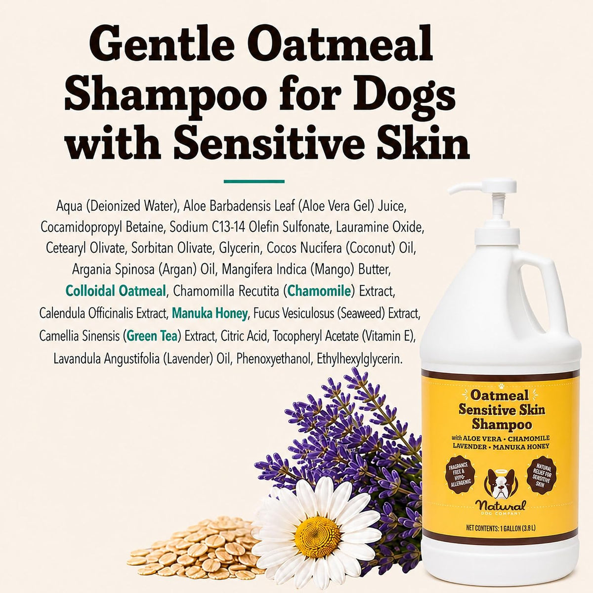 Sensitive Skin Dog Shampoo – Hypoallergenic Oatmeal Anti Itch Shampoo for Dogs, Gentle Puppy & Dog Wash with Aloe Vera, Manuka Honey & Chamomile, Odor Control, 12 oz
