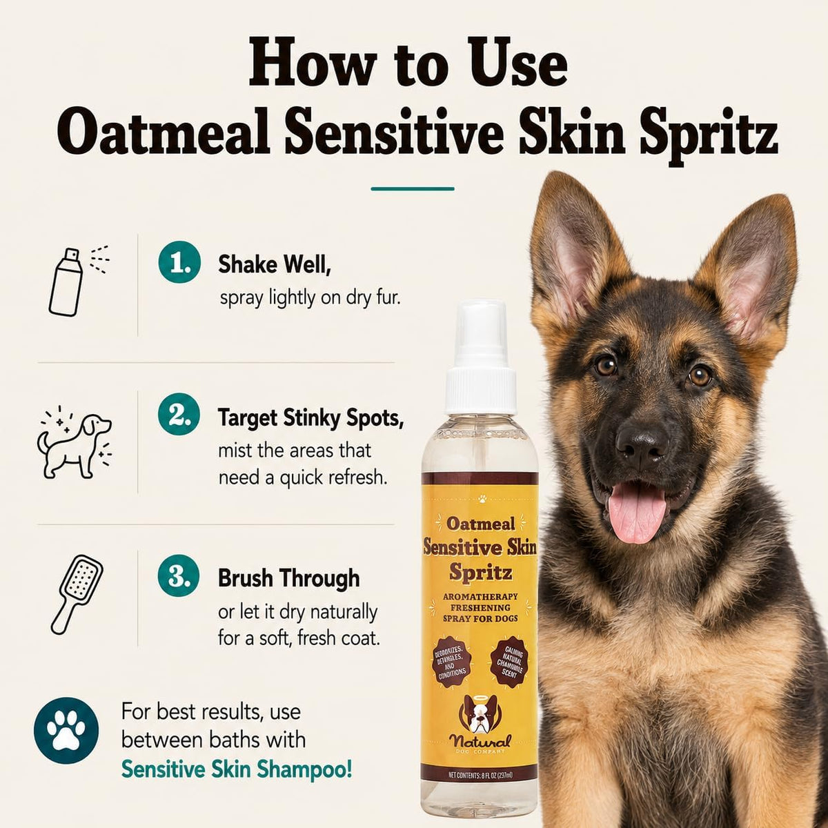 Sensitive Skin Dog Shampoo – Hypoallergenic Oatmeal Anti Itch Shampoo for Dogs, Gentle Puppy & Dog Wash with Aloe Vera, Manuka Honey & Chamomile, Odor Control, 12 oz