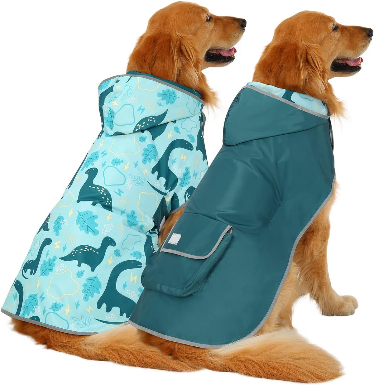 2-in-1 Reversible Dog Raincoat Hooded Poncho Rain Jacket Teal Dino L