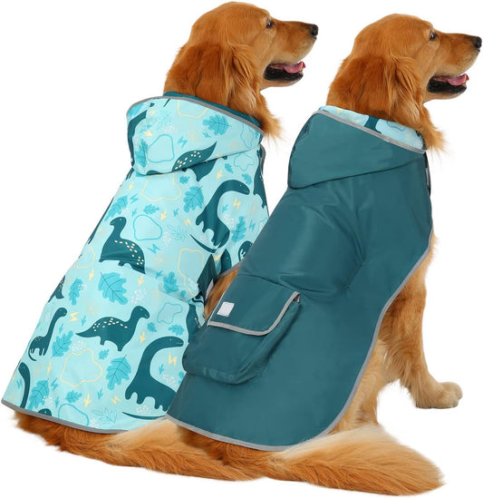 2-in-1 Reversible Dog Raincoat Hooded Poncho Rain Jacket Teal Dino L