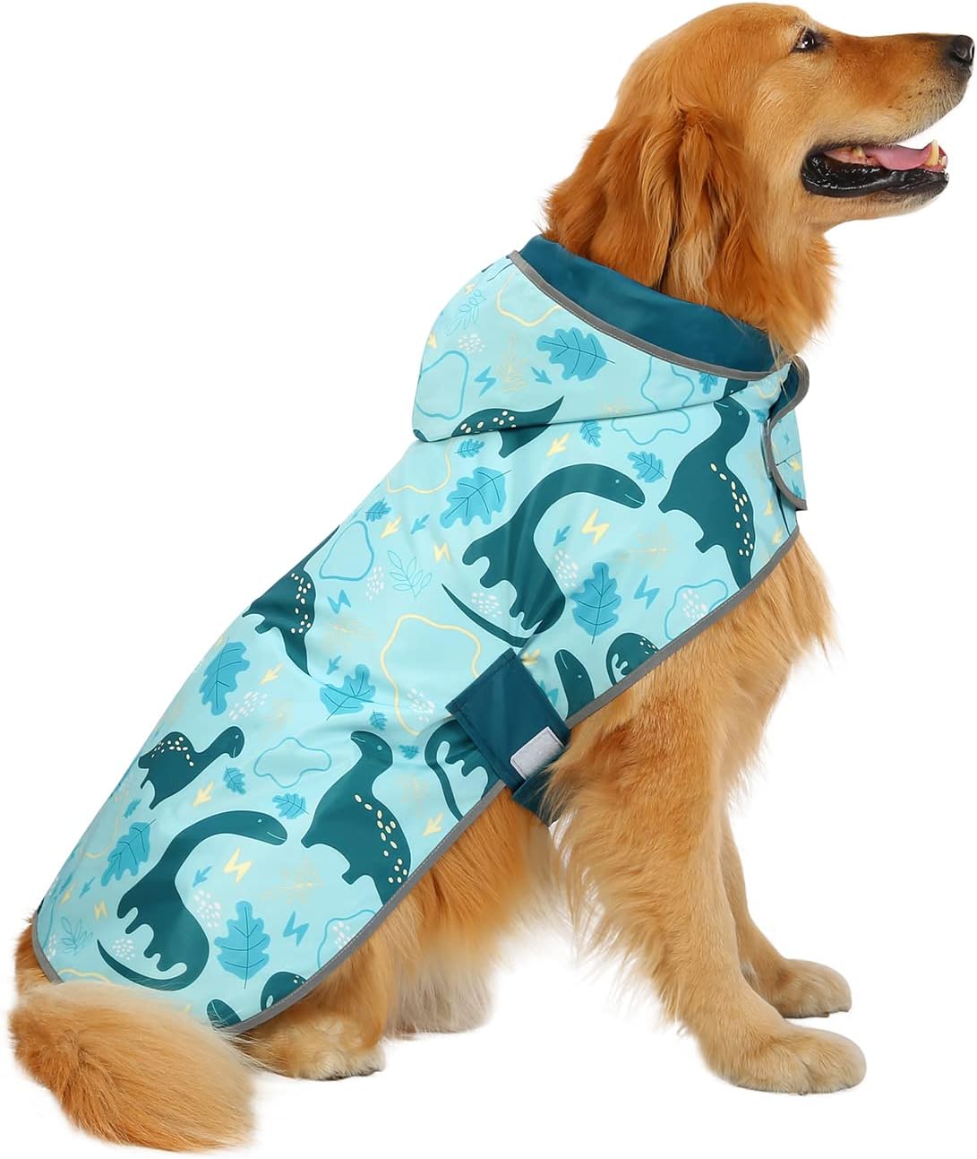 2-in-1 Reversible Dog Raincoat Hooded Poncho Rain Jacket Teal Dino L