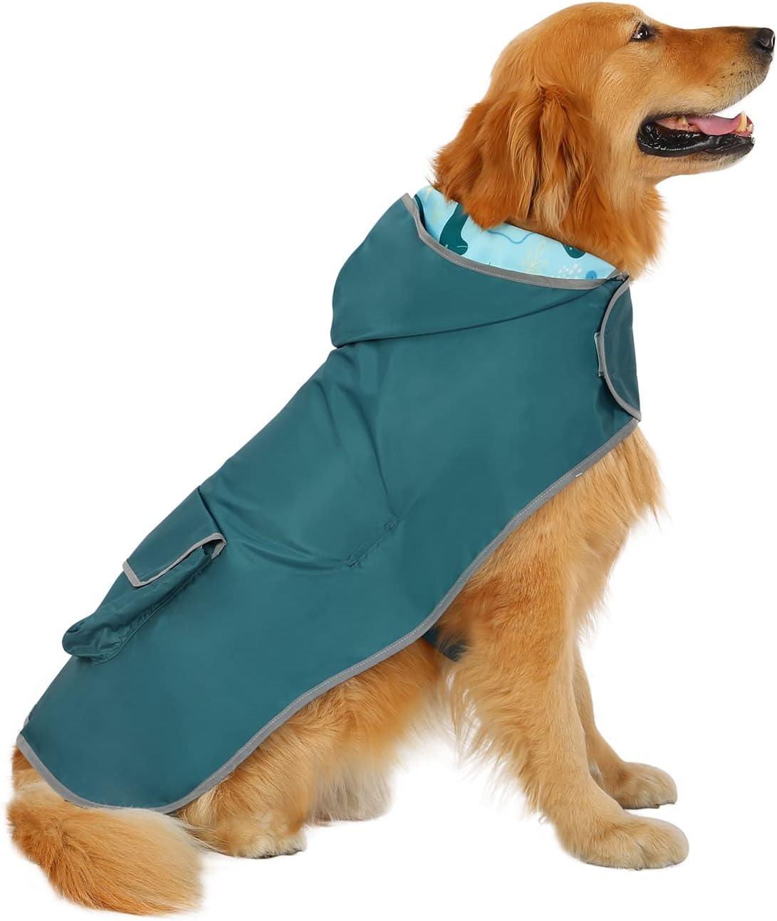 2-in-1 Reversible Dog Raincoat Hooded Poncho Rain Jacket Teal Dino L