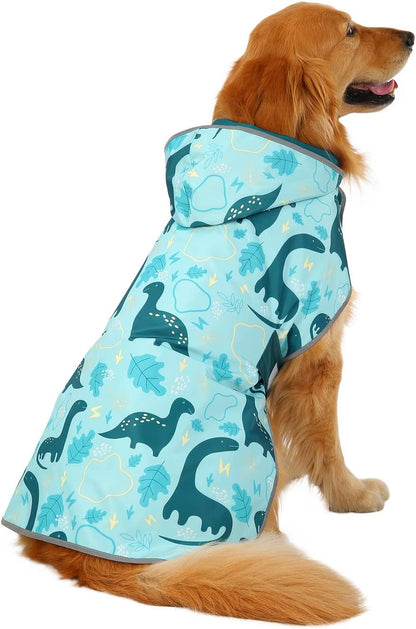 2-in-1 Reversible Dog Raincoat Hooded Poncho Rain Jacket Teal Dino L