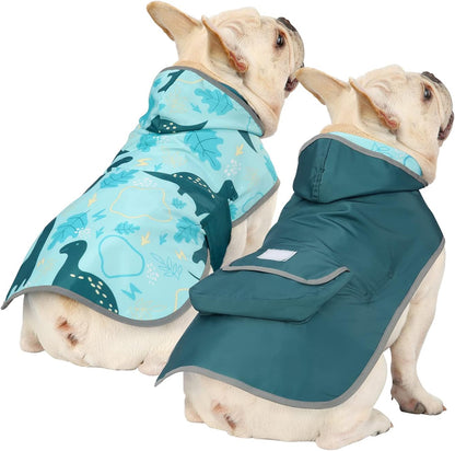 2-in-1 Reversible Dog Raincoat Hooded Poncho Rain Jacket Teal Dino L