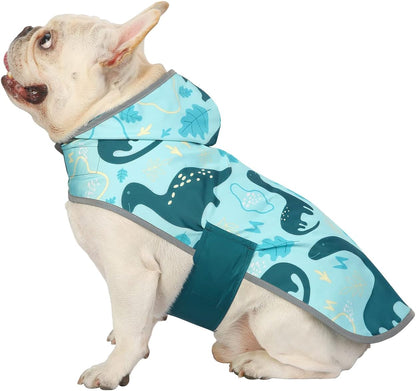 2-in-1 Reversible Dog Raincoat Hooded Poncho Rain Jacket Teal Dino L