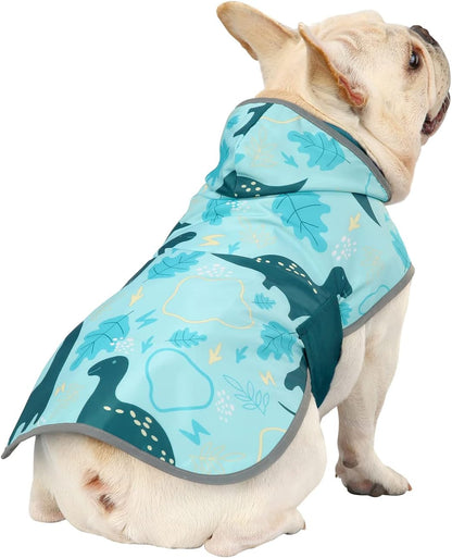 2-in-1 Reversible Dog Raincoat Hooded Poncho Rain Jacket Teal Dino L